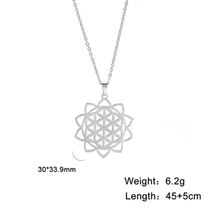Stainless steel life of flower pendant necklace with geometric mandala design on white background