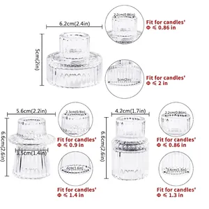 Minimalist ribbed glass candle holder set in three shapes with detailed size measurements