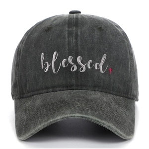 Vintage dunkelgraue Baseballkappe aus Baumwolle mit blessed-Stickerei und rotem Kreuz