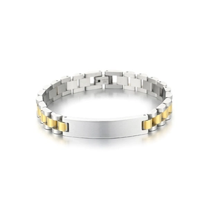 Minimalist silver and gold stainless steel watch band chain bracelet with smooth ID tag