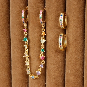 Rainbow Colorful Zircon Chain Linked Double Hoop Earrings Copper 18K Gold Plated Fashion Jewelry For Women