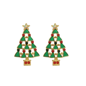 Detailed macro view of colorful Christmas tree earrings with rhinestone and drip oil finish
