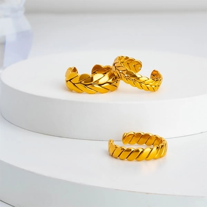 Stainless Steel Wheat Ear Open Ring Adjustable Twisted Texture Minimalist Jewelry For Men Women Gold Plated