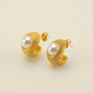 Boucles D'oreilles Künstliche Perle En Forme De C Pour Femmes Plaqué Or 18K Acier Inoxydable Texture Tissée Rétro Français Bijoux