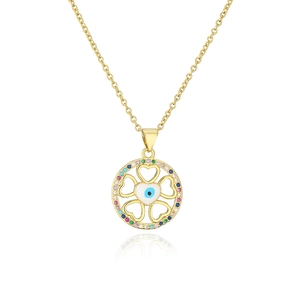 Detail of 18K gold clover pendant necklace with devil's eye and zircon stones