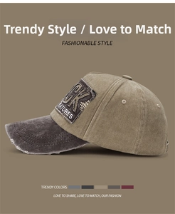 Gros plan sur la visière usée et la broderie latérale de la casquette de style industriel