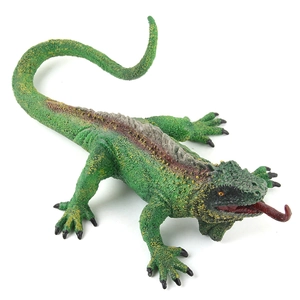 Realistic green marine iguana lizard model toy with detailed skin texture and red tongue