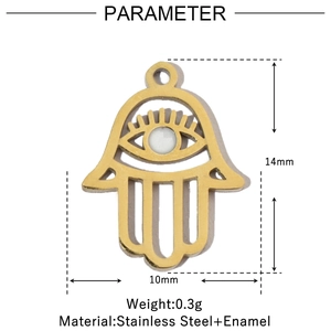 Detailed size chart for Hamsa Hand pendant in gold stainless steel and enamel