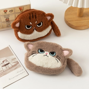 Cute large capacity plush cat coin purses with embroidery and 3D tail for stationery storage