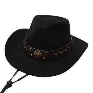 Black western cowboy hat with studded leather band and adjustable wind strap on white background