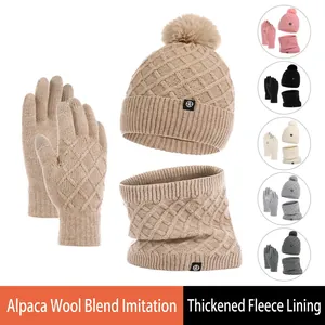 Winter Knitted Hat Scarf And Gloves Faux Alpaca Blend Fleece Lined Warm Thickened Touchscreen Rhombic Pattern Pom Pom