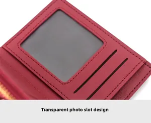 Detail showing the burgundy leather wallet interior with a clear ID window and card slots