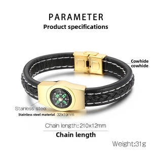 Detail of men's leather braided bracelet with a built-in compass and gold steel clasp