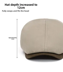 Detail view showing the 12cm deep crown design of this vintage khaki newsboy cap