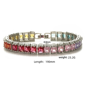 Detailed view of colorful square cubic zirconia bracelet with 8.8mm width and size specs