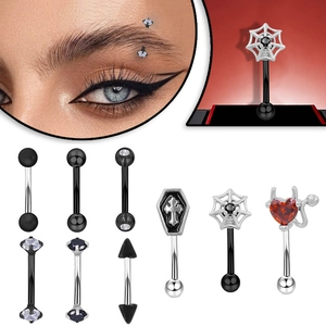 Gothic eyebrow rings with spider web, red heart devil and cross coffin piercing designs