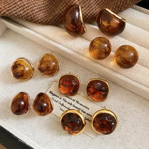 Vintage Amber Resin Geometric Stud Earrings With 925 Sterling Silver Earring Post Maillard Style Marble Texture For Women