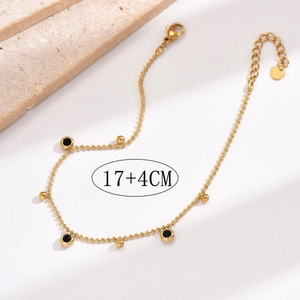 Gold-plated stainless steel bead bracelet with black stones, length 17+4CM