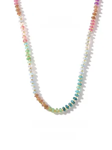 Detail view of colorful beaded crystal necklace with gold beads and 42+5cm length specs