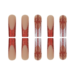 Christmas press-on nails with red glitter French tips and bow designs on coffin long shape