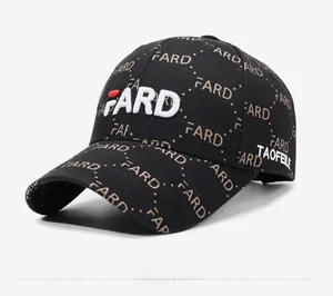Detailed macro view of white FARD 3D embroidery on a black cotton twill baseball cap