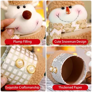 Christmas candy gift box with plush snowman and reindeer toppers and textured gold details