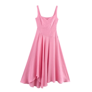 Vestito Maxi A Spalline Rosa Senza Maniche Scollo Quadrato Orlo Irregolare Vita Alta Tinta Unita Elegante Estate Donna