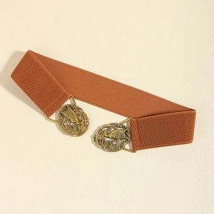 Elastic waist belt for women with vintage crane pattern and antique bronze metal buckle