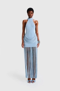 Light blue knit halter neck dress with waist ruching and long fringe detail hem