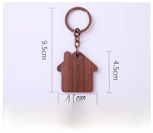 Detailed dimensions of house-shaped black walnut wood keychain with bronze metal ring