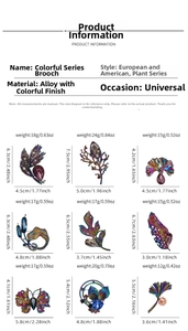 Detailed chart showing nine colorful electroplated crystal butterfly and leaf brooches