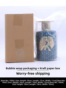 Blue ceramic ginkgo leaf vases shown in three sizes with secure cardboard packaging