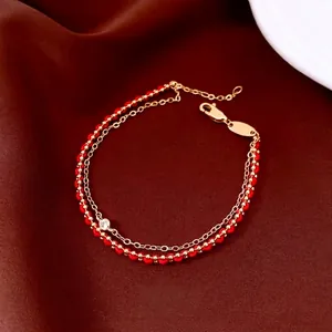 Double Layer Bracelet 18K Gold Plated Copper Round Zircon Red String Simple Elegant Jewelry For Women