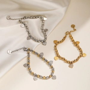 Heart Pendant Bead Bracelet Stainless Steel 18K Gold Plated Zircon Simple Geometric Jewelry For Women