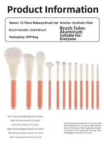 Detailed size chart for 12-piece makeup brush set with fiber bristles and wood handles