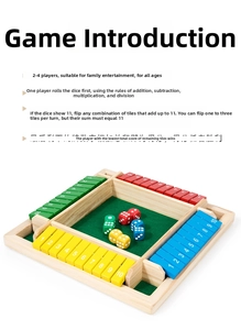 Detail view of wooden 4-way shut the box board game with colorful numbered tiles and felt