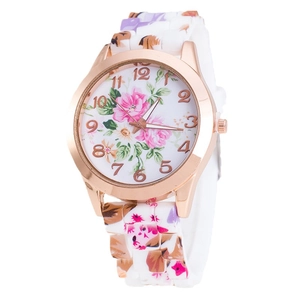 Classic Geneva floral quartz watch for women with rose gold case and white silicone band