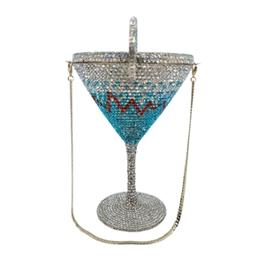 Close-up of tricolor crystal rhinestones on a martini glass shaped cocktail evening bag