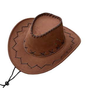 Chapeau de cow-boy occidental en daim marron avec bords surpiqués noirs et mentonnière