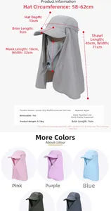 Size chart and technical specs for quick-dry sun hat with neck flap and face cover