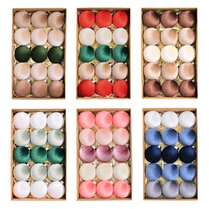Velvet Christmas ball ornaments set in six colors with kraft gift boxes and raffia