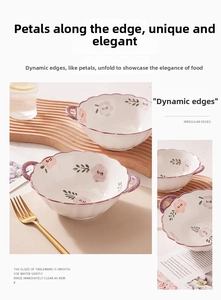 Detailed macro of ceramic flower bowl with irregular wave edges and floral painting