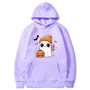Light purple Halloween hoodie with ghost and pumpkin prints on a white background