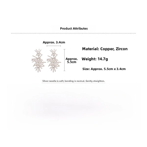 Detailed view of luxury zircon firework earrings with dimensions 3.4cm width and 5.5cm height