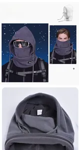 Close-up of gray polar fleece winter neck warmer mask with adjustable drawstring detail