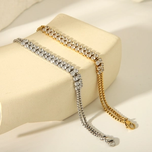 French style double-layer 18K gold and silver plated bracelet with square zircon crystals