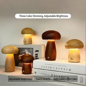 Mushroom Night Light Solid Wood Tri-Color Dimmable Touch Control USB Rechargeable Nordic Desktop Bedside Lamp Decor
