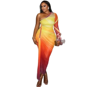 Slim fit one-shoulder gradient dress in yellow and purple with side slit and long sleeves