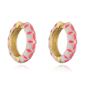 Golden flower hoop earrings with pink and white enamel petals on a white background
