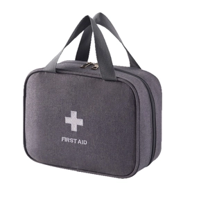 Portable dark grey first aid kit bag with sturdy handle and white cross embroidery